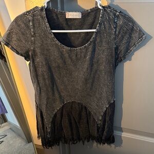 Altar'd State Washed Black Fringe Short Sleeve Top